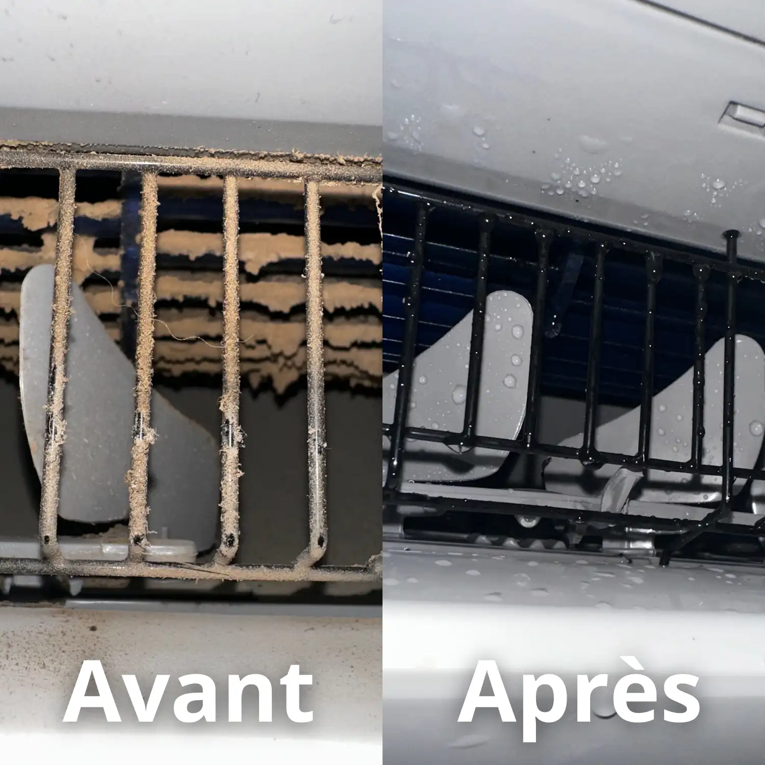 Comparaison avant et après du nettoyage d’une thermopompe murale à Gatineau par Air-FP — élimination complète de la saleté, de la moisissure et des bactéries.